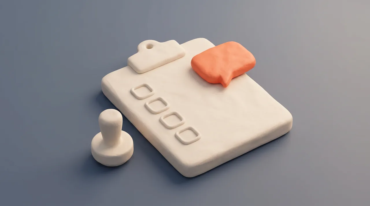 Clay render: a clipboard with a checklist, a stamp beside it, and a coral message bubble at the corner.