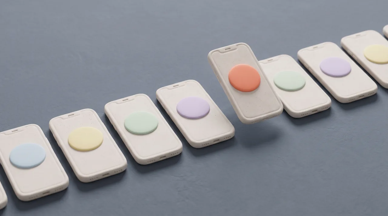 Clay render: a row of phones laid out in line, each with a coloured disc on its screen, one of them coral.