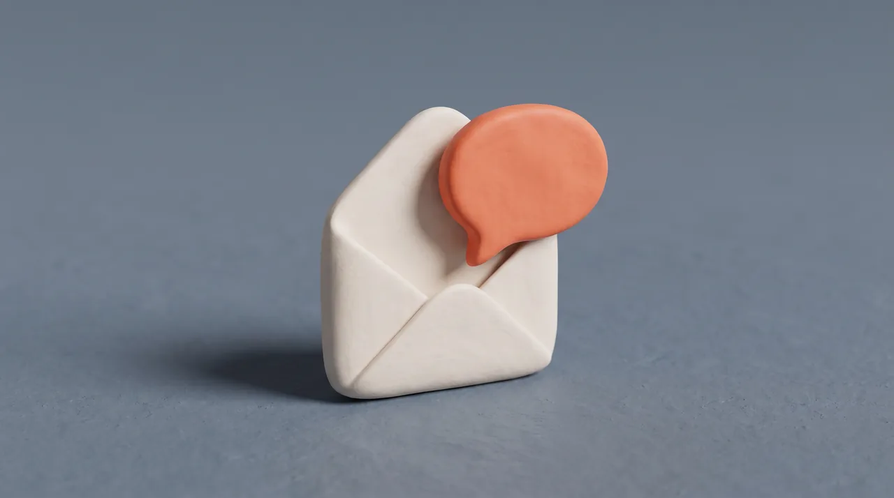 Clay render: an open envelope with a coral message bubble coming out of it.