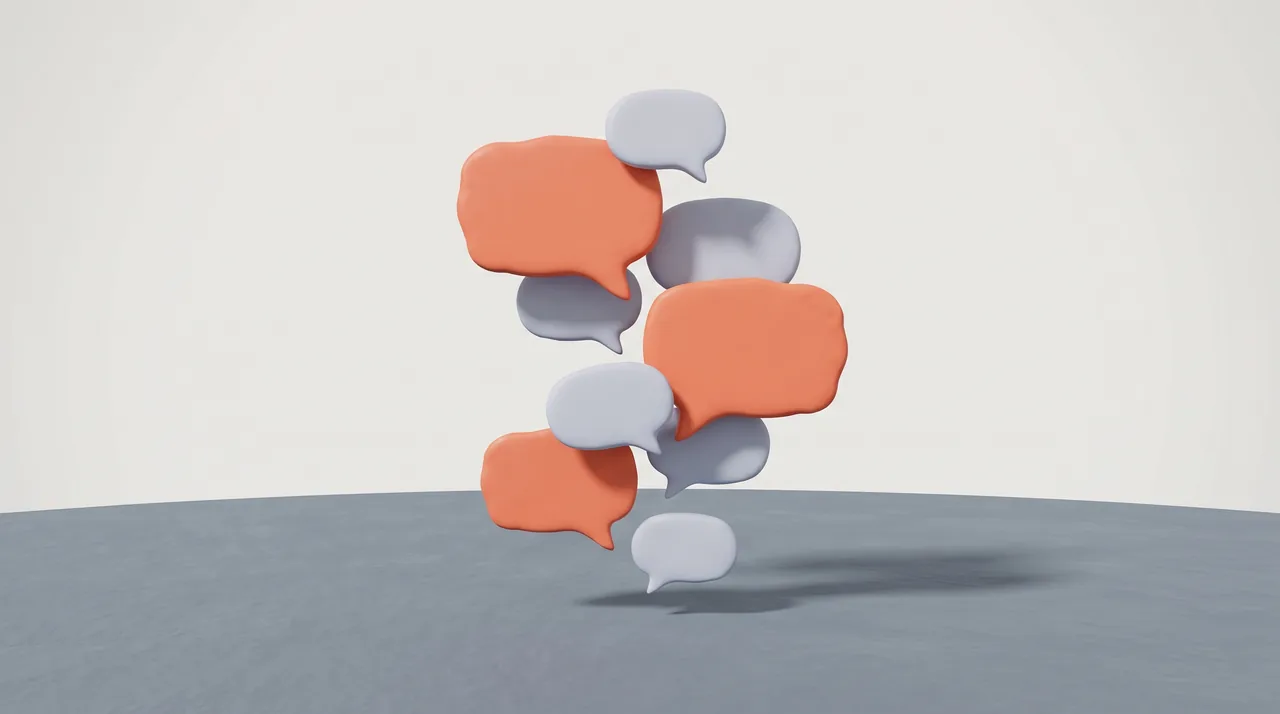 Clay render: a rising column of message bubbles, some coral, some grey.