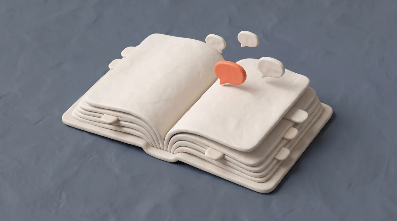 Clay render: an open book with a small coral message bubble resting on the page.