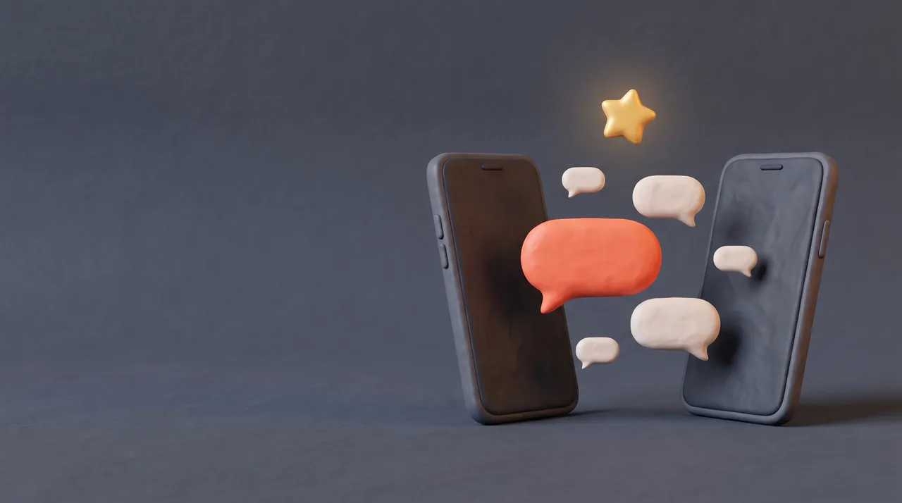 Clay render: two phones facing each other with message bubbles between them, one of them coral, and a star above.