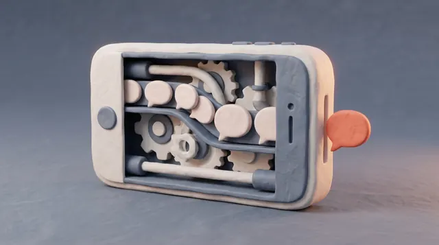 Clay render: a phone lying flat, its screen open on a set of gears, with one coral message bubble at the edge.