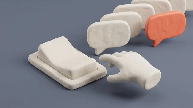 Clay render: a hand reaching towards a row of message bubbles, the last one coral.