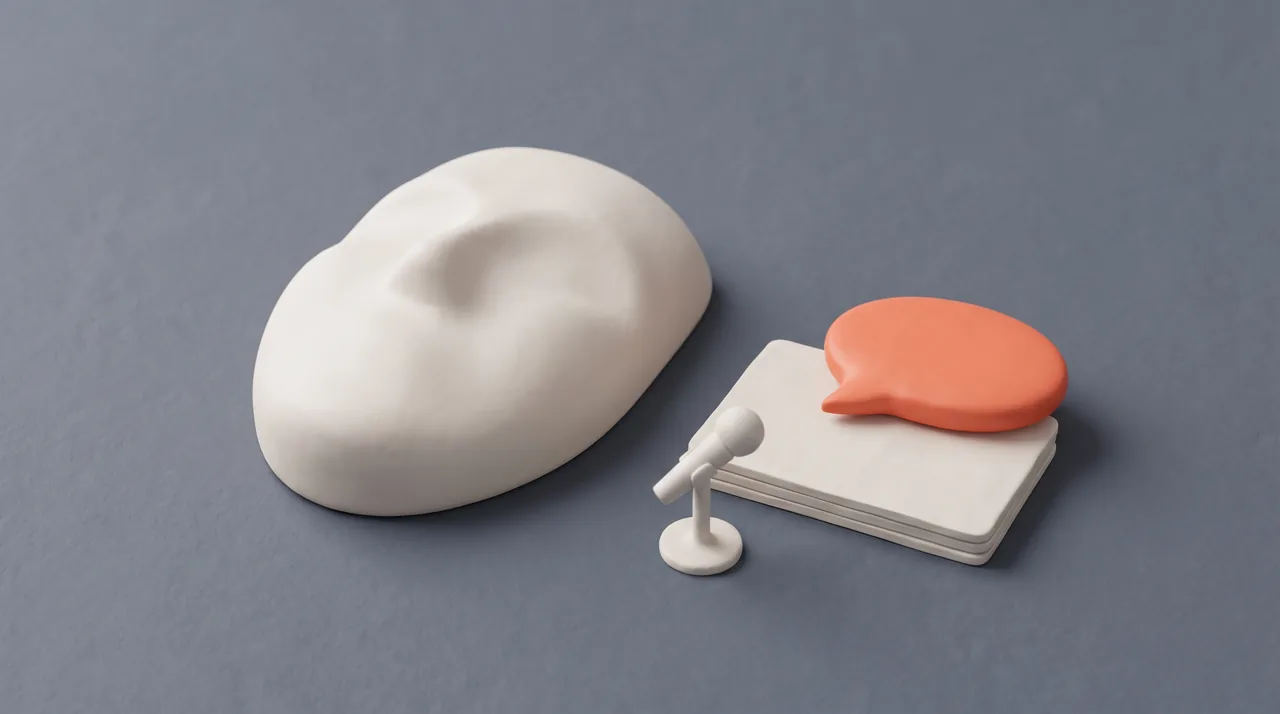 Clay render: a smooth blank face beside a notebook, a small microphone and one coral message bubble.