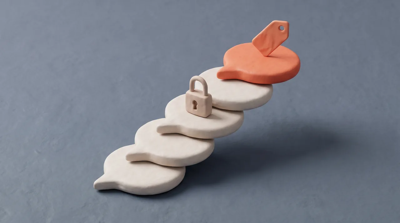 Clay render: a stack of message bubbles rising step by step, a padlock on one of them, a coral bubble at the top.