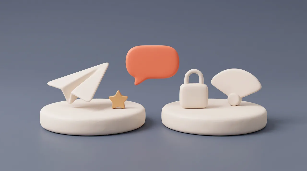 Clay render: two round platforms side by side, one carrying a paper plane and a star, the other a padlock, with a coral message bubble between them.